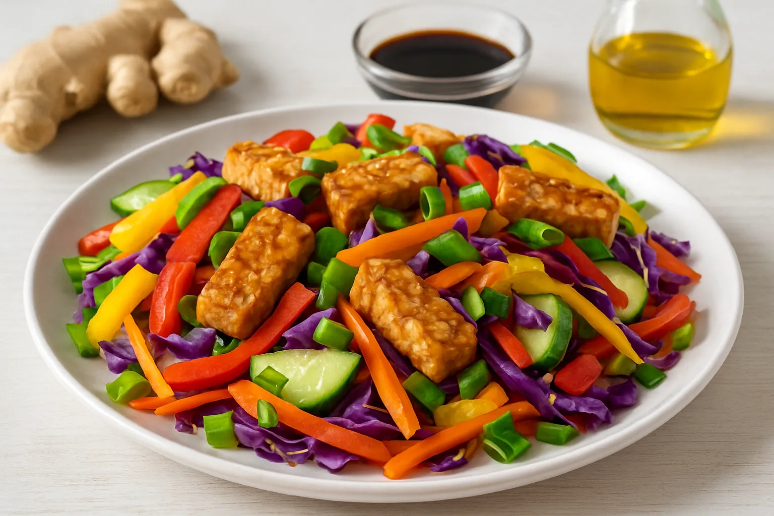 Tempeh and Rainbow Veggie Salad with Ginger