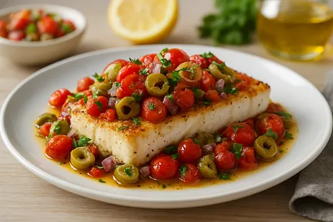 Baked Halibut with Tomato-Olive Relish