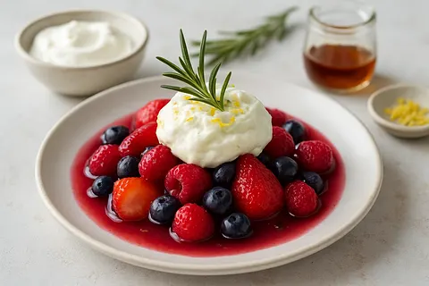 Rosemary-Poached Berries with Mascarpone-less Cream