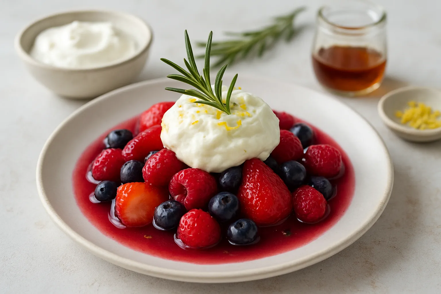 Rosemary-Poached Berries with Mascarpone-less Cream
