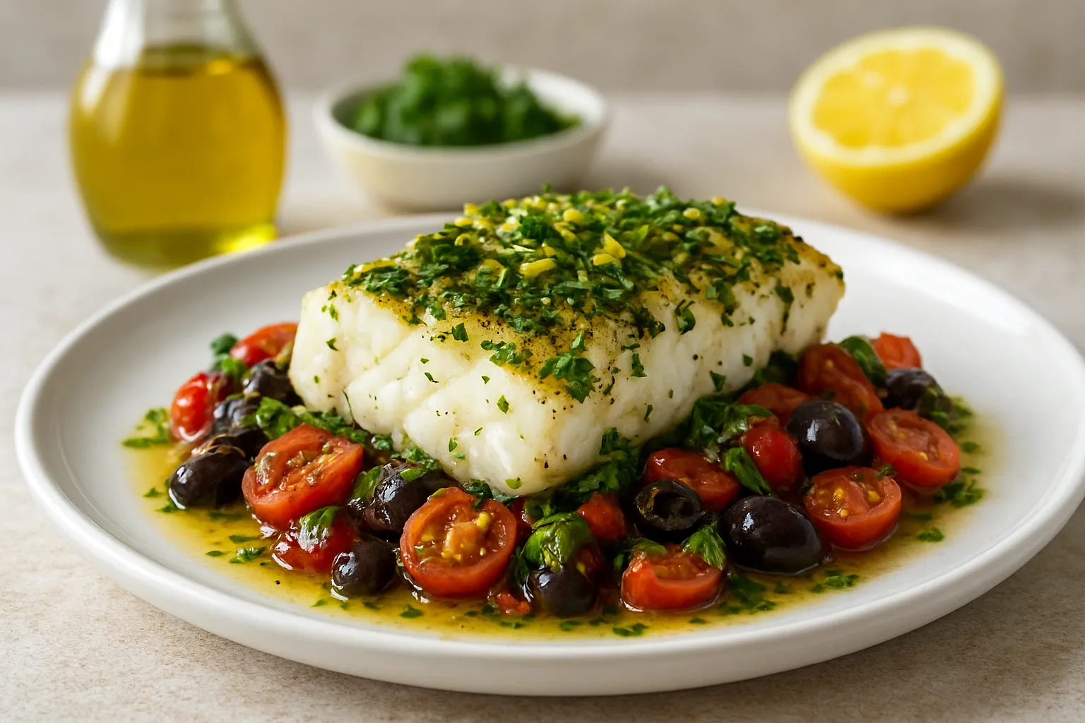Herb-Baked Cod with Tomato-Olive Relish