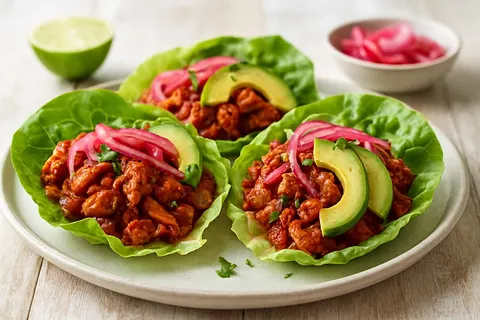Smoky Chipotle Tinga de Pollo Lettuce Wraps with Avocado and Pickled Red Onion