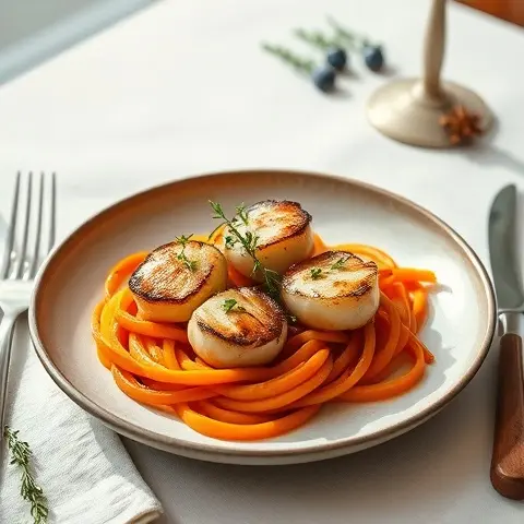 Cardamom & Star Anise Seared Scallops with Warm Carrot Ribbons
