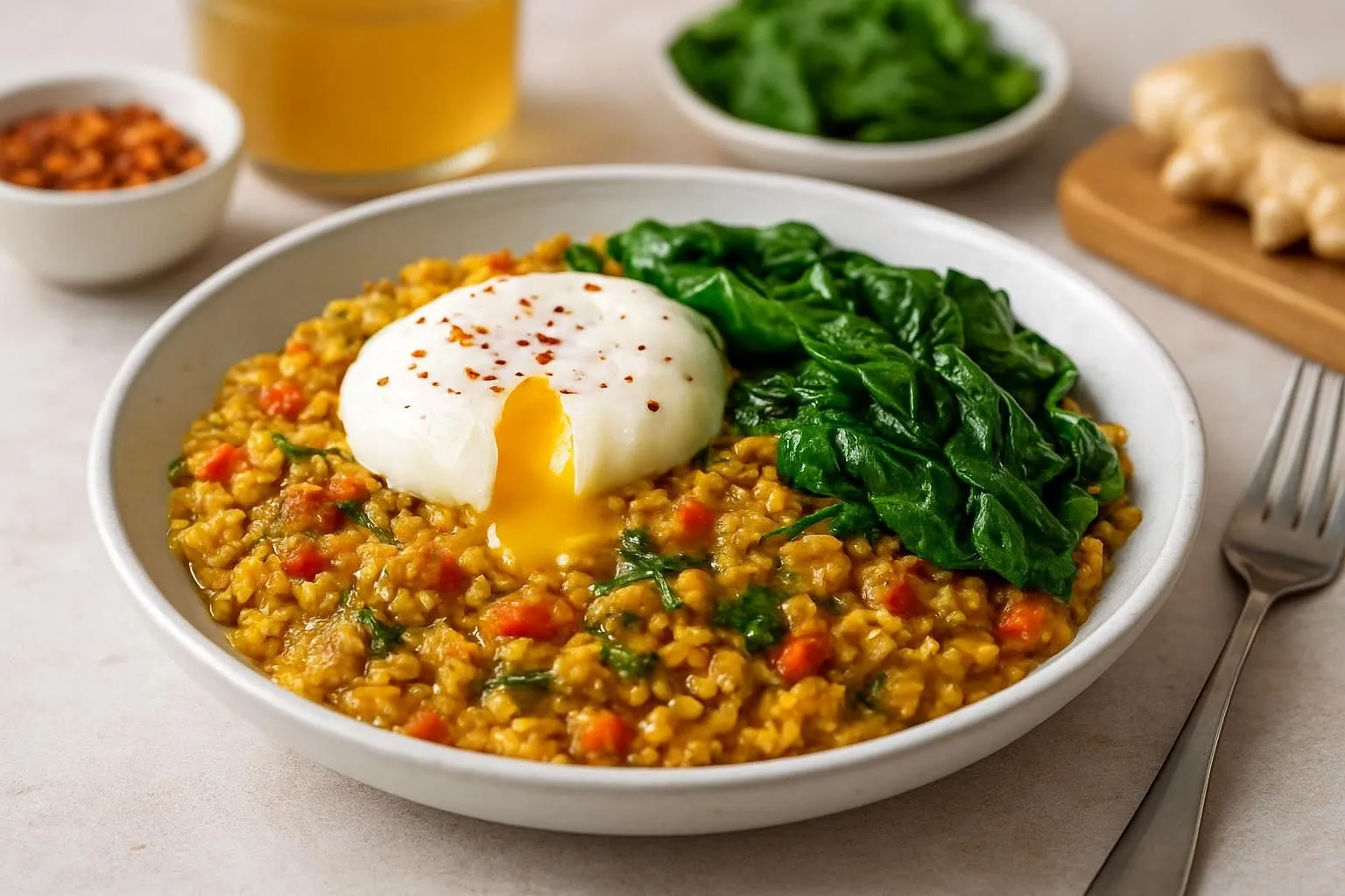 Savory Masala Oats with Poached Egg & Wilted Greens