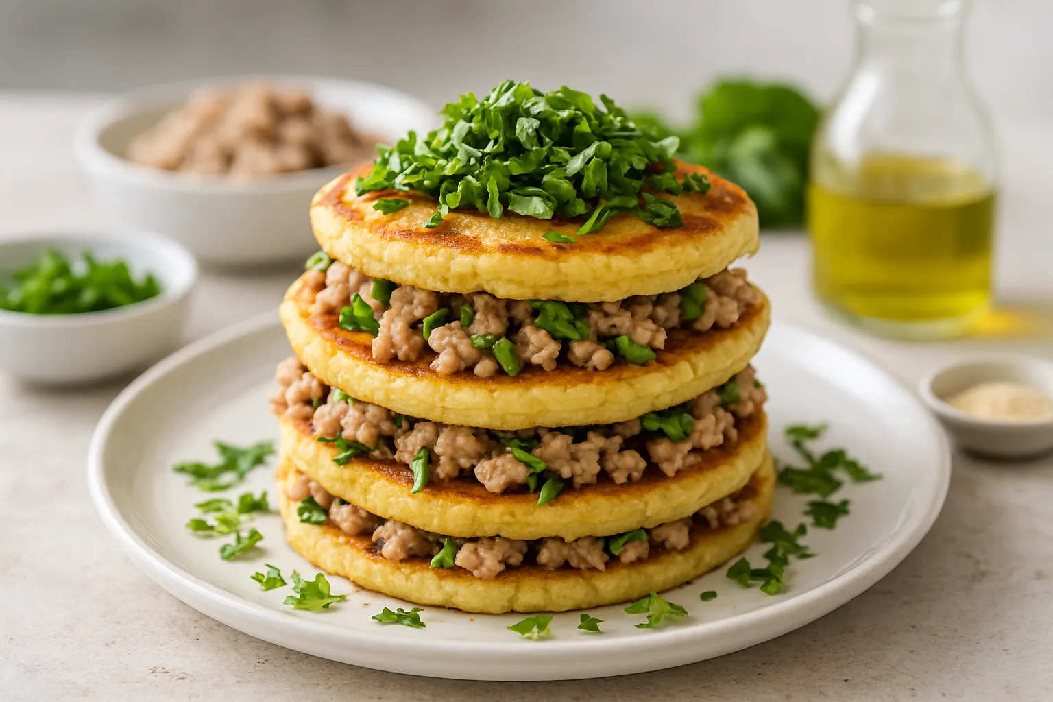 Millet Pancake Dinner Stack with Turkey and Fresh Herbs