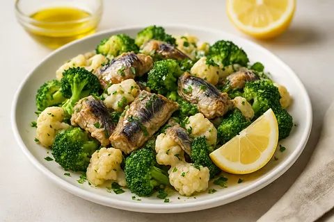 Warm Broccoli, Cauliflower & Sardine Salad with Lemon