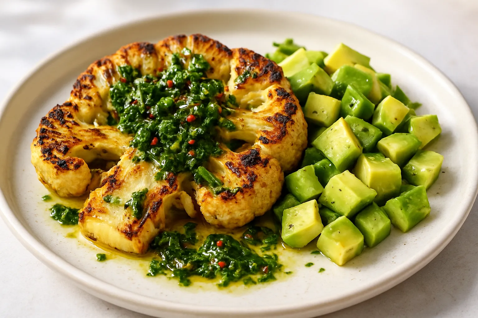 Grilled Cauliflower Steak with Chimichurri and Avocado