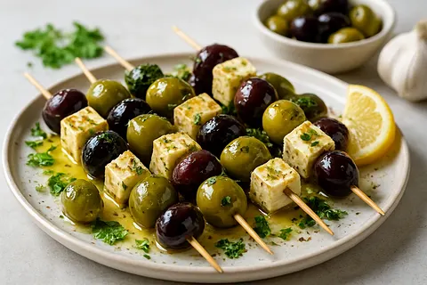 Garlic-Infused Olives and Marinated Feta-Style Skewers