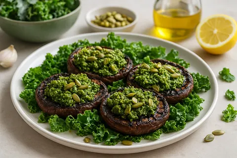 Grilled Portobello Caps with Kale and Pumpkin Seed Pesto