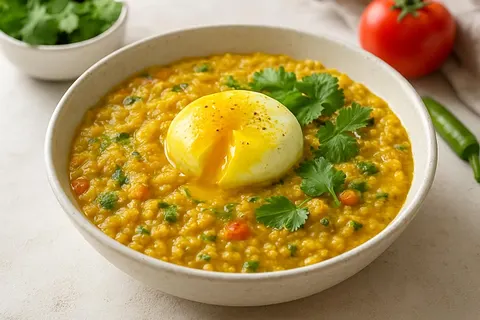Savory Oat & Moong Dal Porridge with Turmeric-Poached Egg and Cilantro