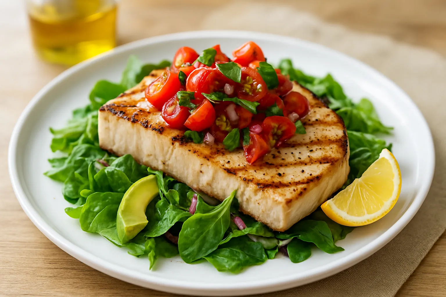 Grilled Swordfish with Tomato Basil Relish over Greens