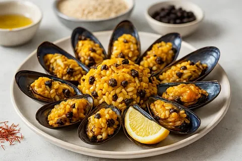 İstanbul Usulü Soğuk Midye Dolması — Saffron Rice, Currant and Pine Nut Stuffed Mussels with Lemon