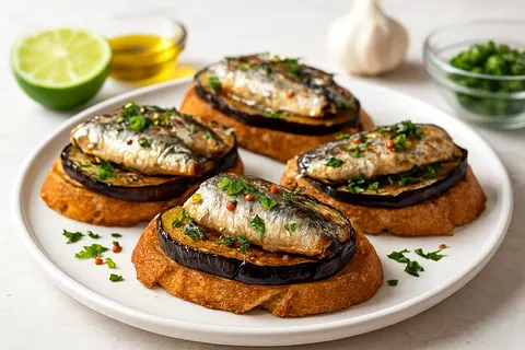 Cumin-Lime Sardine Crostini on Roasted Eggplant
