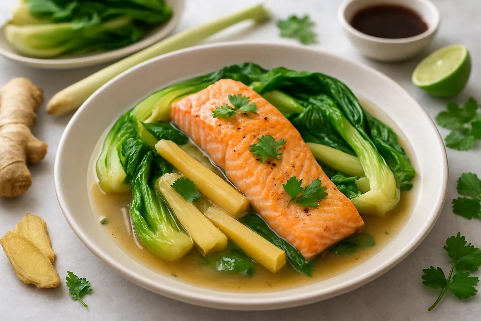 Ginger-Lemongrass Poached Salmon with Bok Choy