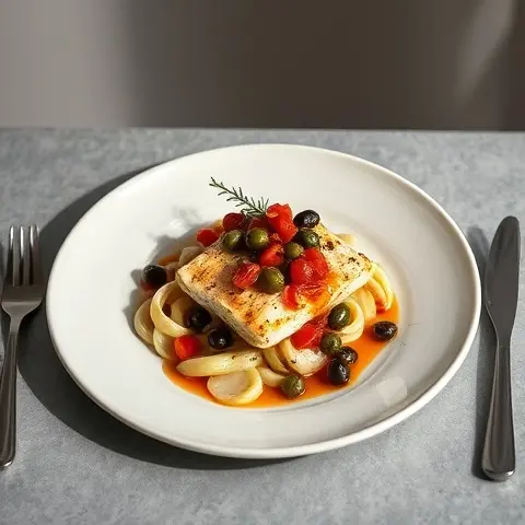 Baked Cod with Olive-Tomato Relish and Roasted Fennel
