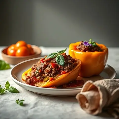 Beef & Zucchini Stuffed Peppers with Tomato-Basil Sauce