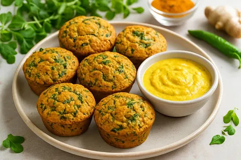 Spiced Methi & Besan Savory Muffins with Turmeric Yogurt Dip