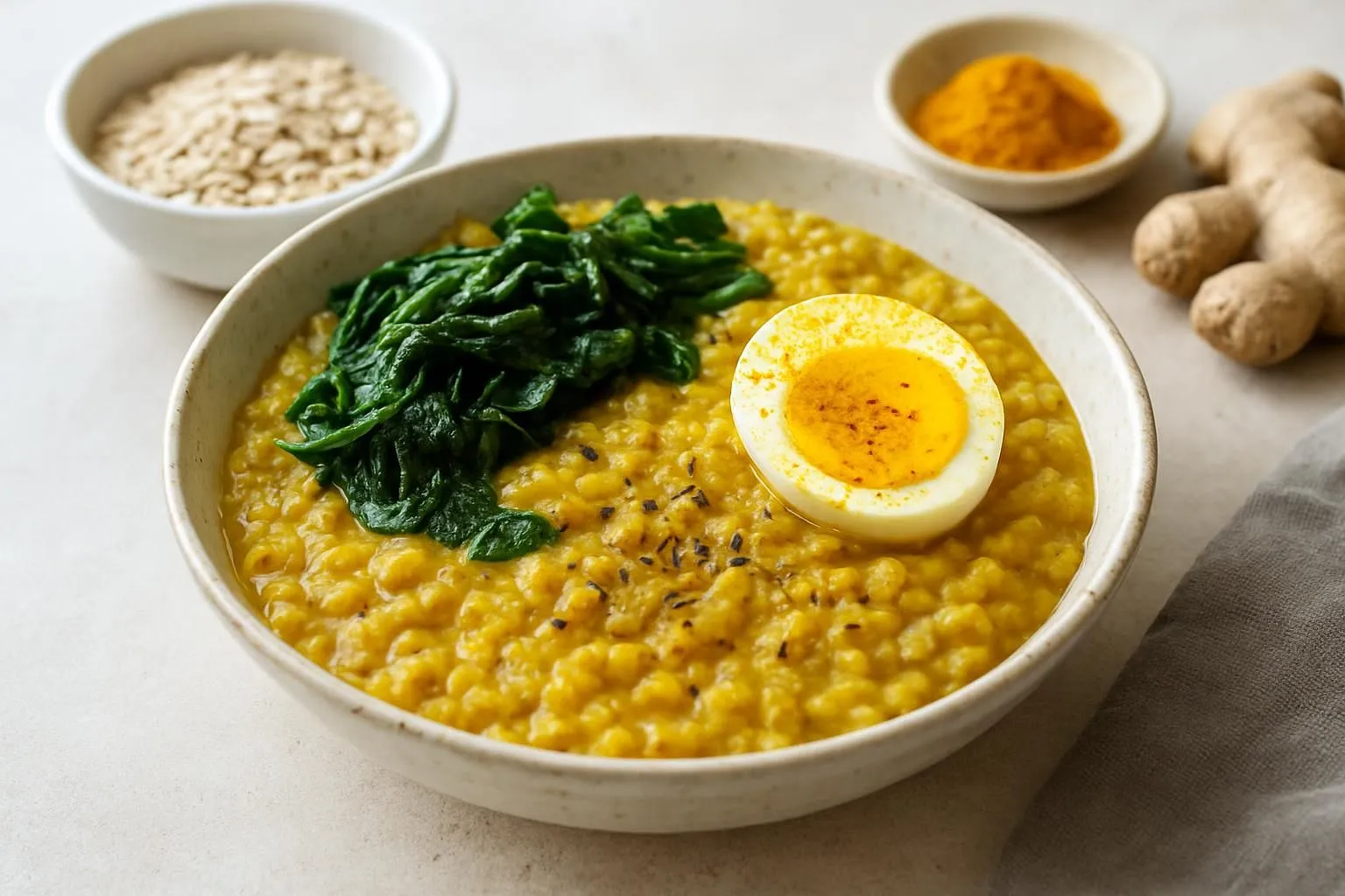 Savory Oat & Moong Dal Porridge with Turmeric Egg and Wilted Greens
