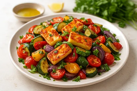 Roasted Veggie and Halloumi Salad with Herbs