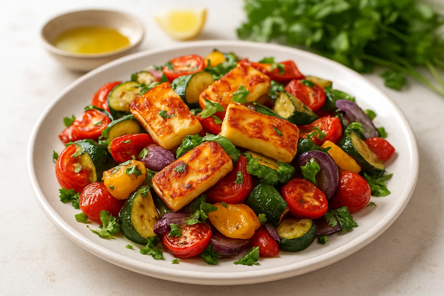 Roasted Veggie and Halloumi Salad with Herbs