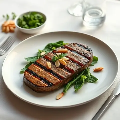 Grilled Portobello “Steak” with Garlic Spinach and Almonds