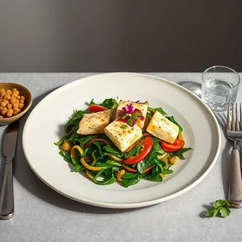 Paneer Bhurji over Stir-fried Greens