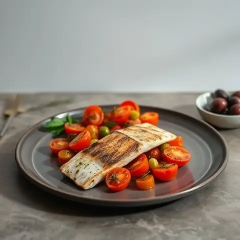 Mackerel with Warm Tomato and Olive Salad