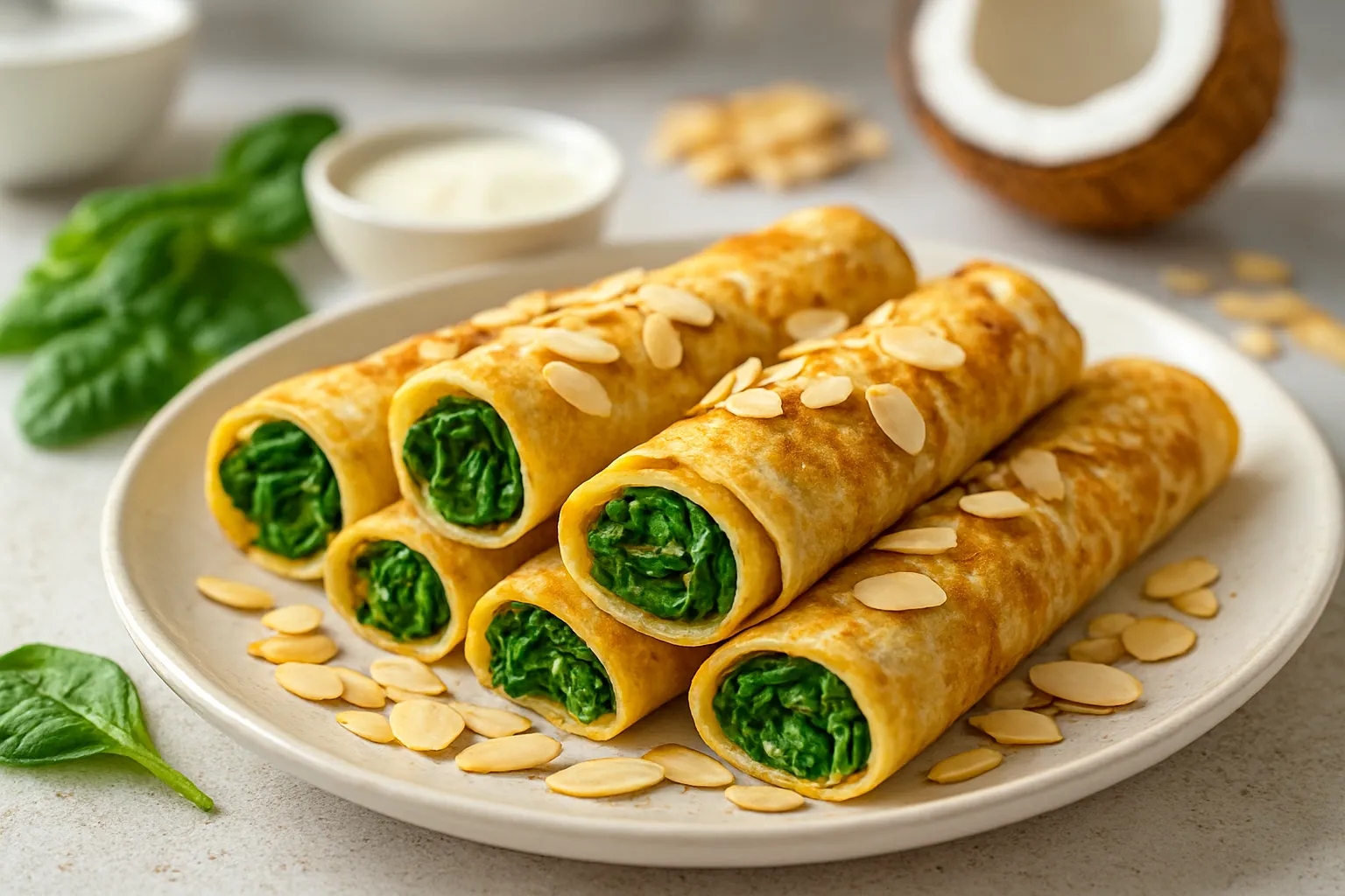 Coconut Almond Crepe Roll-ups with Spinach