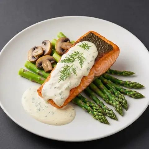 Pan-Seared Salmon with Creamy Dill Sauce & Asparagus Medley