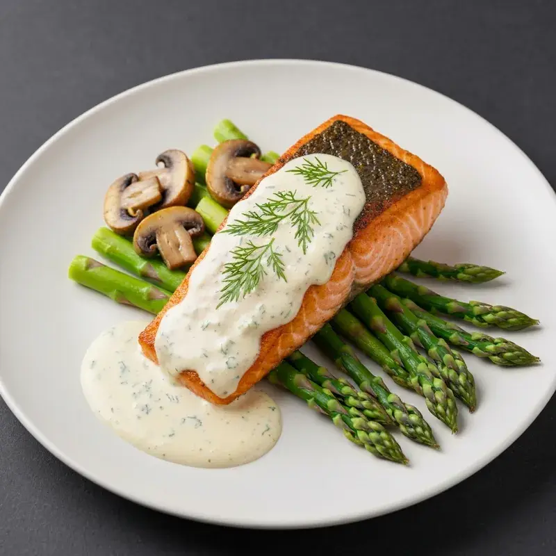 Pan-Seared Salmon with Creamy Dill Sauce & Asparagus Medley