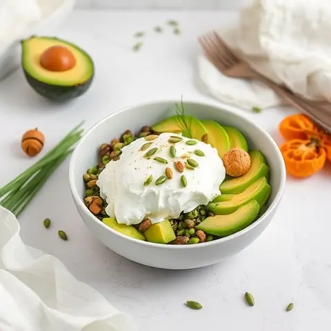 Cottage Cheese Bowl with Avocado, Chives, and Pumpkin Seeds