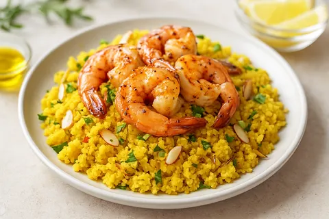 Saffron-Cauliflower Pilaf with Grilled Shrimp