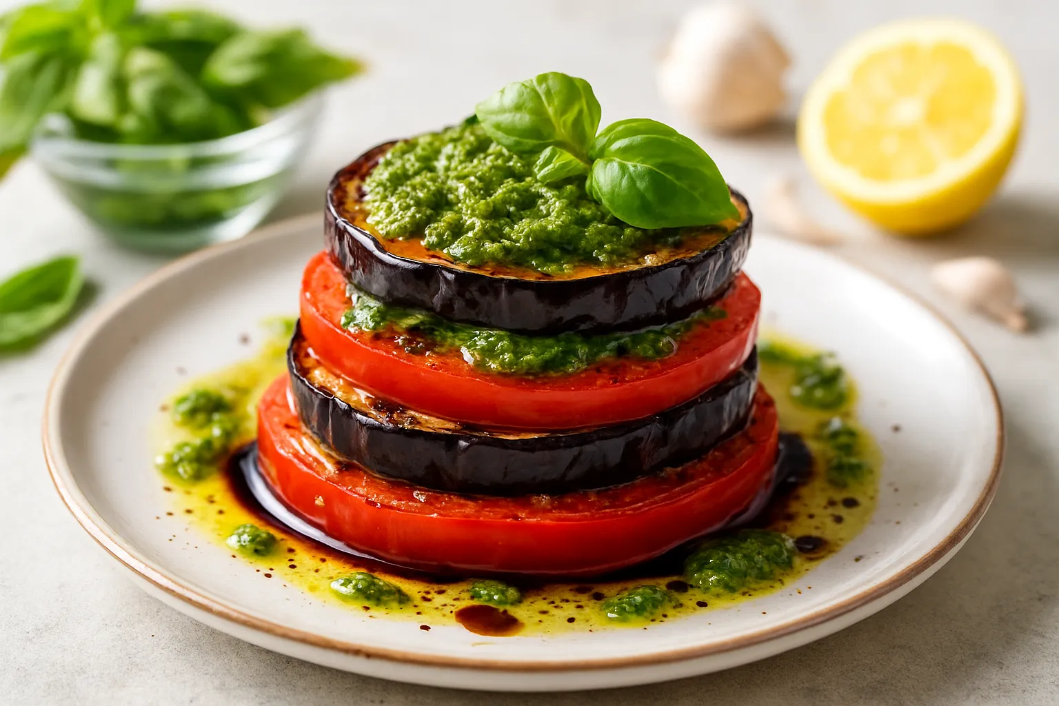 Grilled Eggplant and Tomato Stack with Basil Pistou