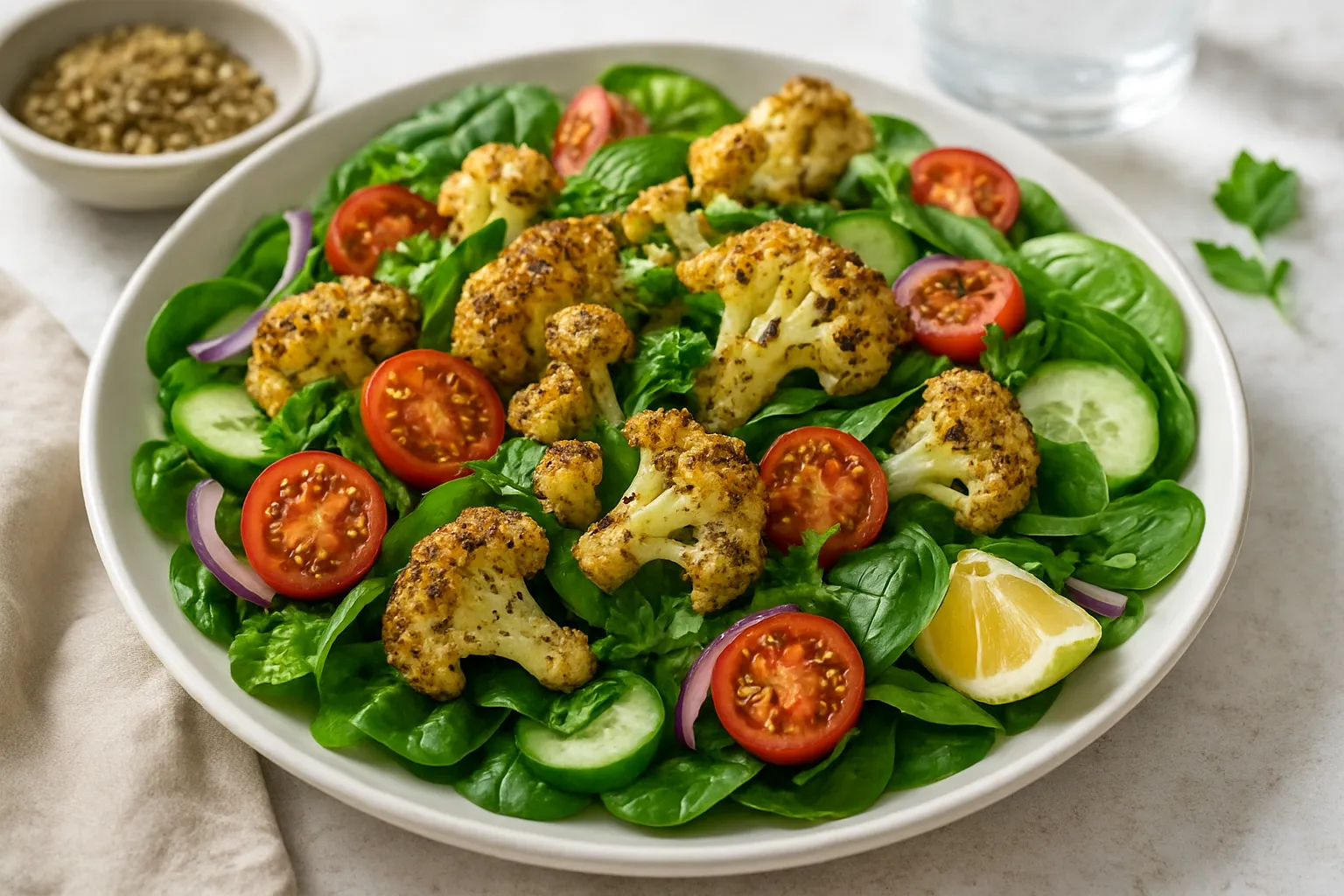 Za’atar Roasted Cauliflower & Chickpea-free Salad