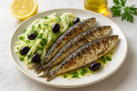 Lemon-Pepper Grilled Sardines with Fennel and Olive Salad