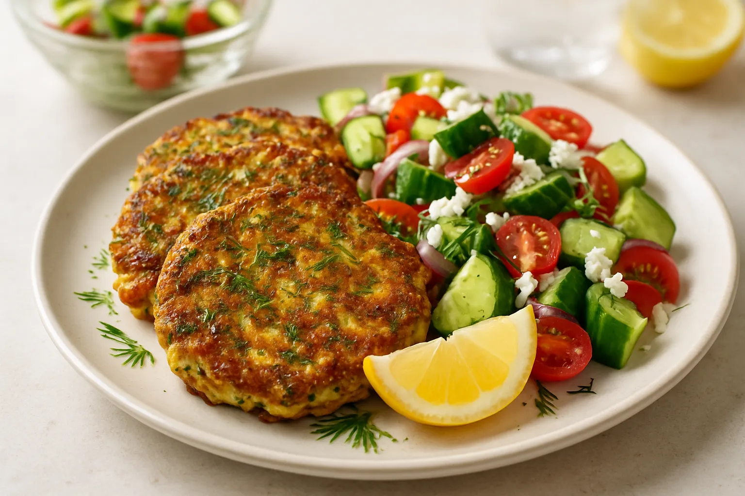 Lemon-Dill Zucchini Fritters with Greek-Style Salad