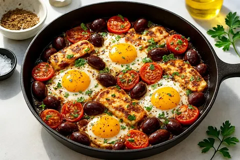 Mediterranean Egg & Halloumi Skillet with Olives, Tomato & Za'atar