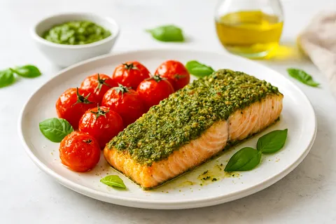 Pesto-Crusted Salmon & Roasted Tomatoes