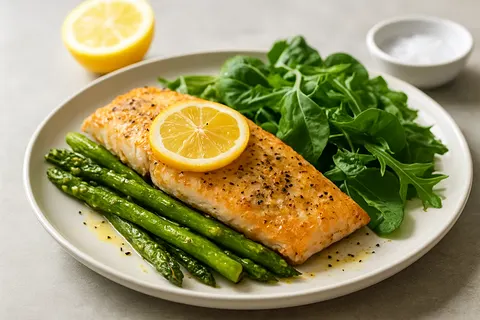 Lemon-Pepper Baked Trout with Asparagus and Greens