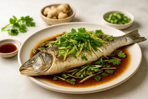 Cantonese Steamed Sea Bass with Ginger, Scallion and Hot Sesame Oil