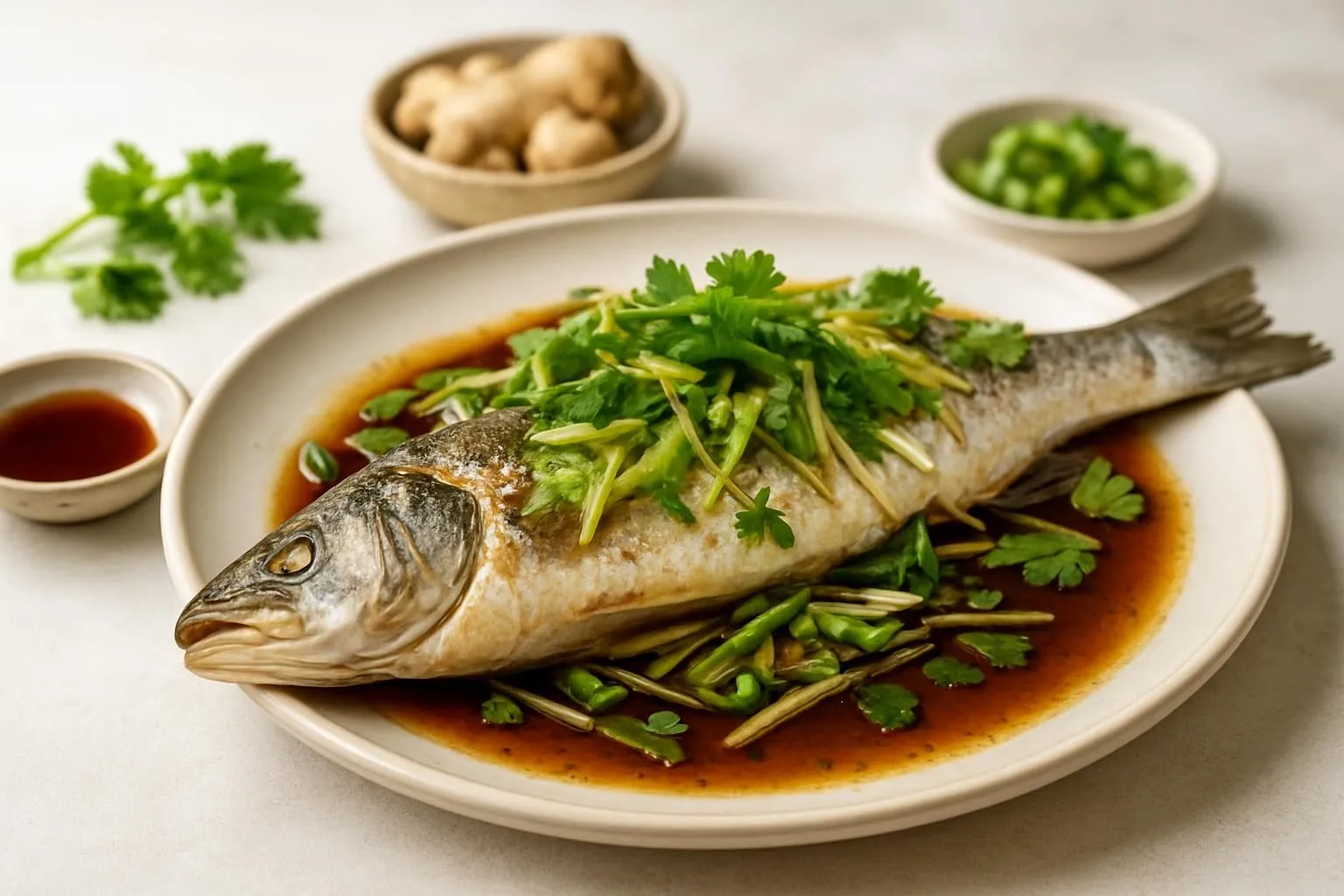 Cantonese Steamed Sea Bass with Ginger, Scallion and Hot Sesame Oil