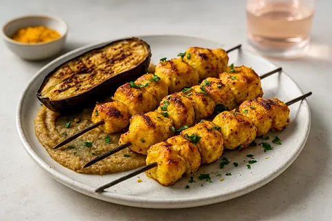 Rosewater-Turmeric Chicken Kebabs with Charred Eggplant Purée