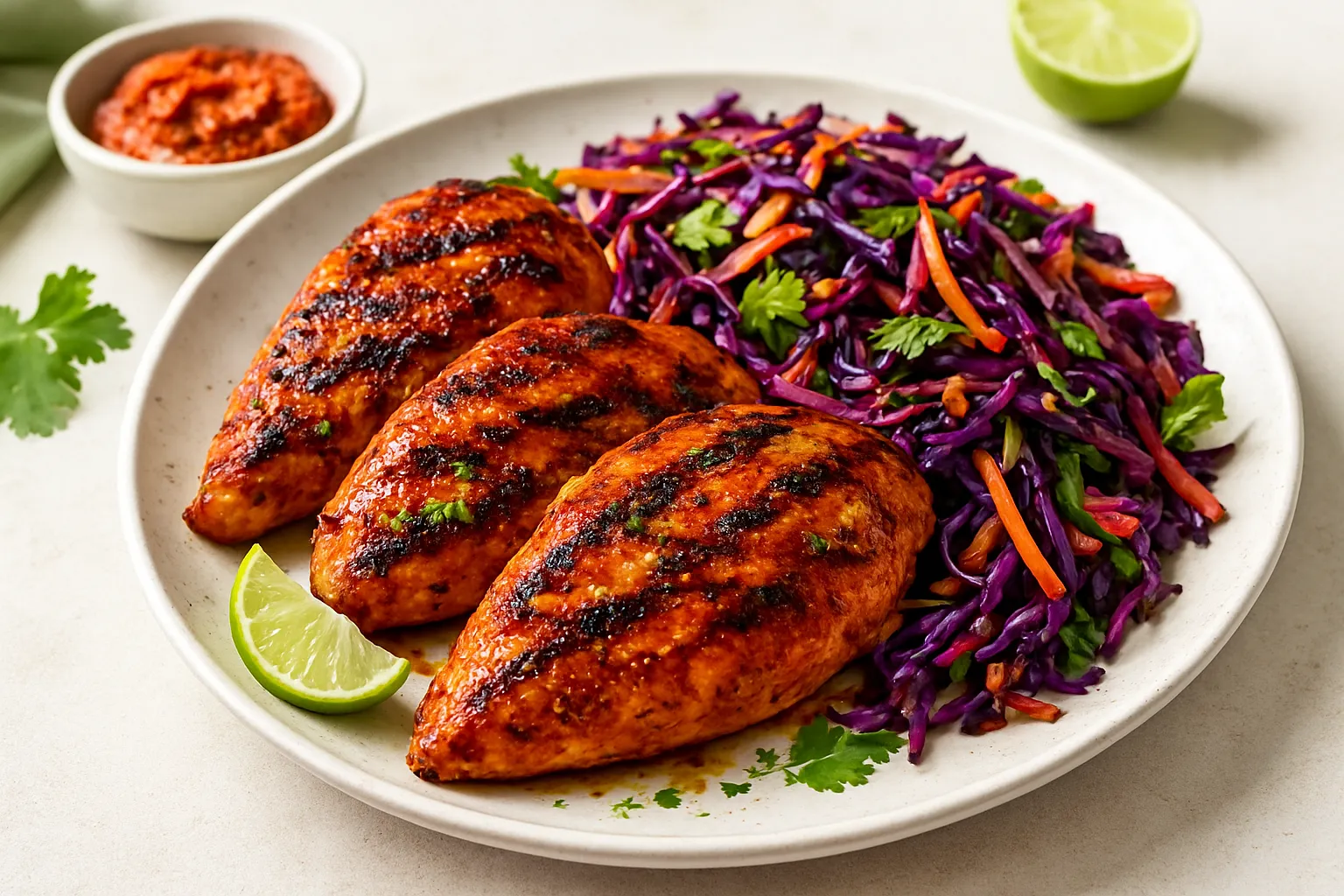 Harissa-Lime Grilled Chicken with Charred Cabbage Slaw