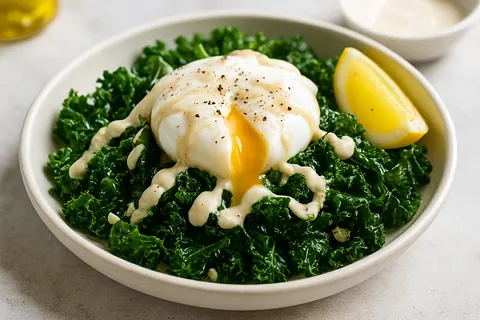 Sautéed Kale & Poached Egg Bowl with Tahini Drizzle