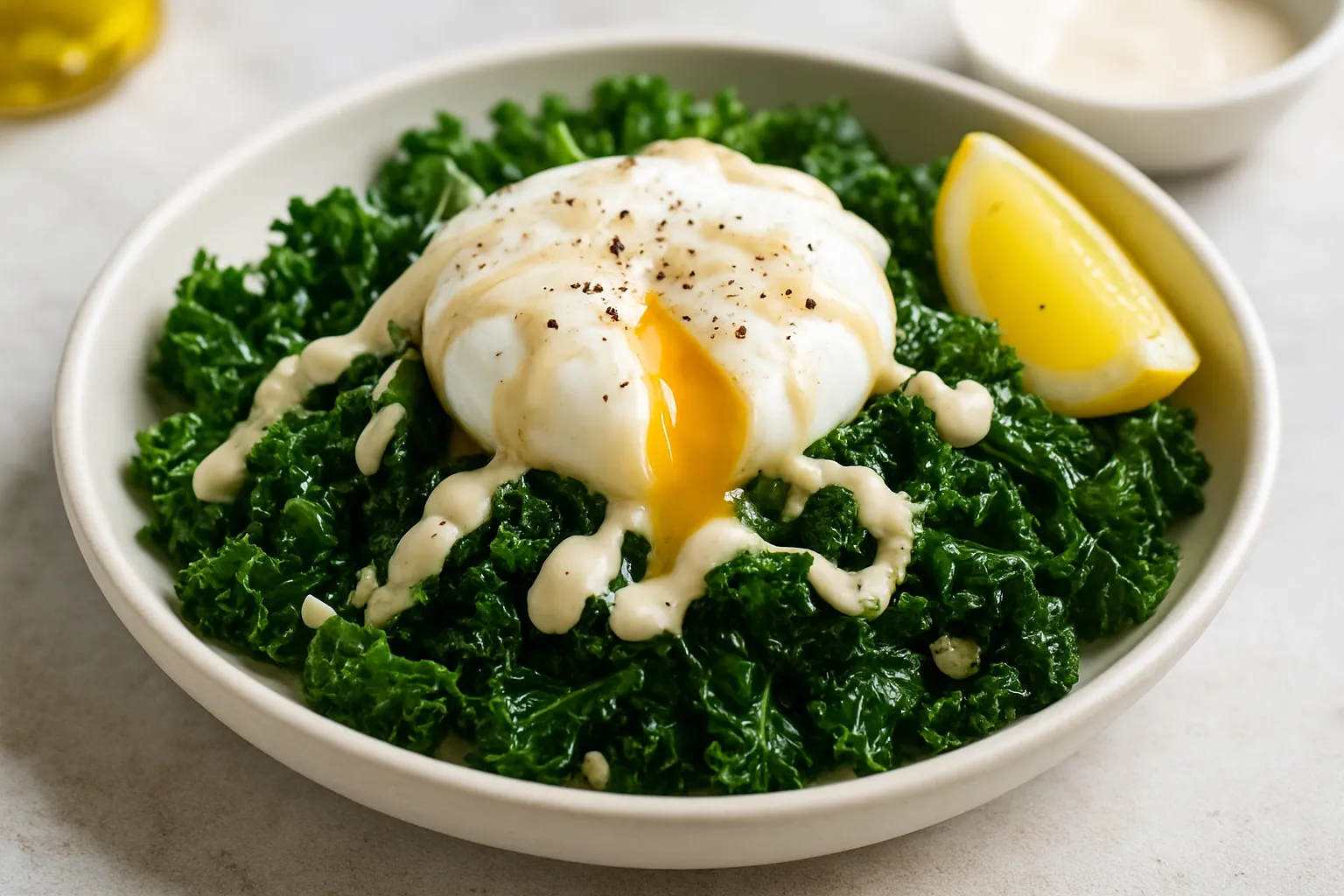 Sautéed Kale & Poached Egg Bowl with Tahini Drizzle