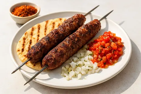 Urfa & Aleppo Kıymalı Şiş — Open-Flame Minced Lamb and Beef Kebab with Grilled Flatbread and Tomato Relish