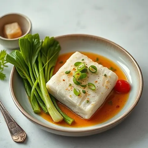 Ginger-Scallion Steamed Halibut with Baby Bok Choy