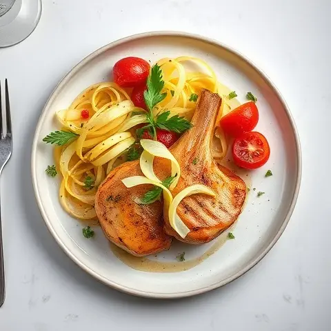 Saffron-Rose Turkey Chops with Roasted Kohlrabi Ribbons