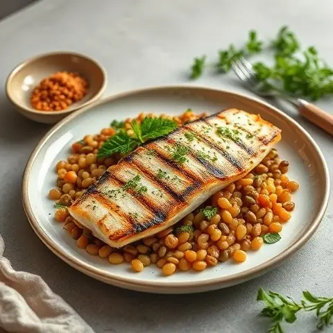 Grilled Mackerel with Warm Lentil Salad and Herbs