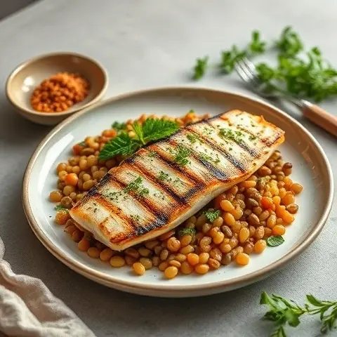 Grilled Mackerel with Warm Lentil Salad and Herbs
